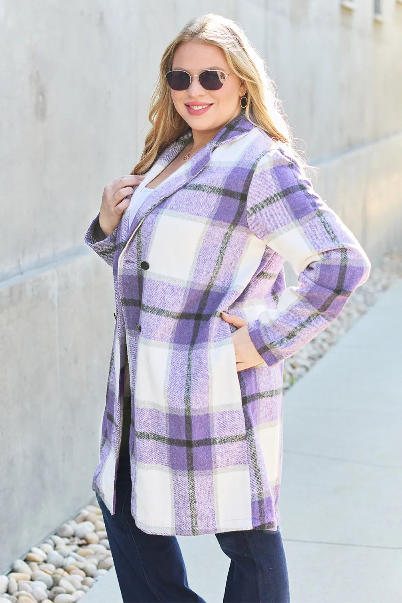 Double Take Full Size Plaid Button Up Lapel Collar Coat - CELIVINE