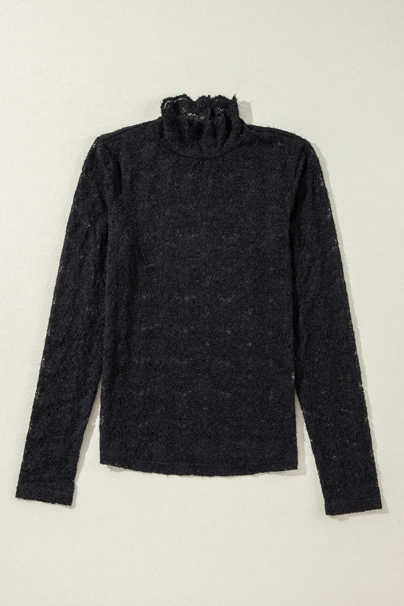 Lace Mock Neck Long Sleeve Blouse - CELIVINE