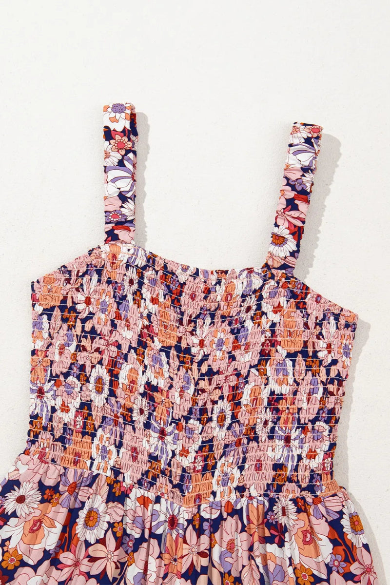 Floral Print Smocked High Waist Square Neck Jumpsuit - CELIVINE