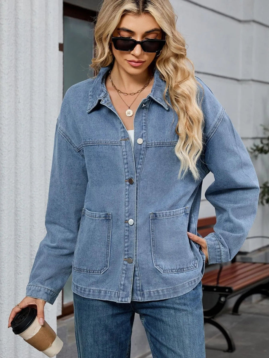 Washed Oversized Button Down Denim Jacket - CELIVINE