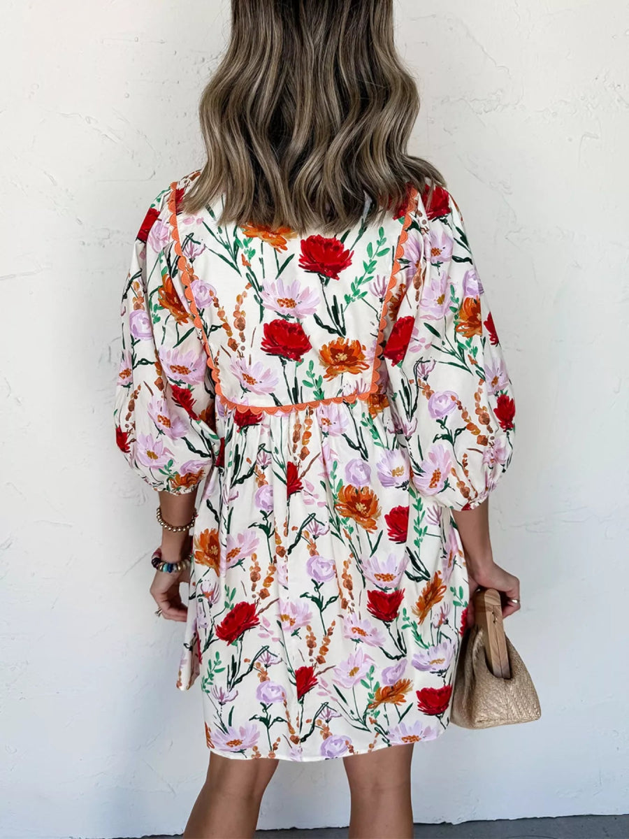 Floral Print 3/4 Sleeve Mini Dress - CELIVINE