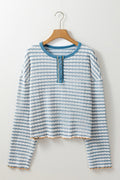 Striped Round Neck Dropped Shoulder Long Sleeve Top - CELIVINE