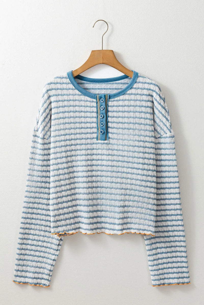 Striped Round Neck Dropped Shoulder Long Sleeve Top - CELIVINE