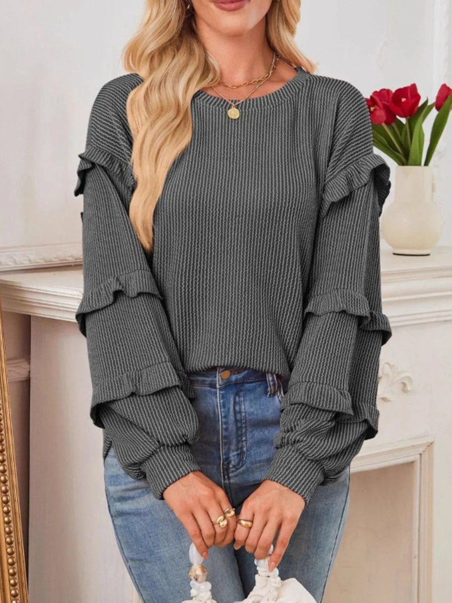 Ruffled Round Neck Long Sleeve Sweatshirt - CELIVINE