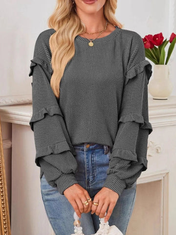 Ruffled Round Neck Long Sleeve Sweatshirt - CELIVINE