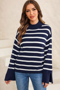 Striped Slit Drop Shoulder Sweater - CELIVINE