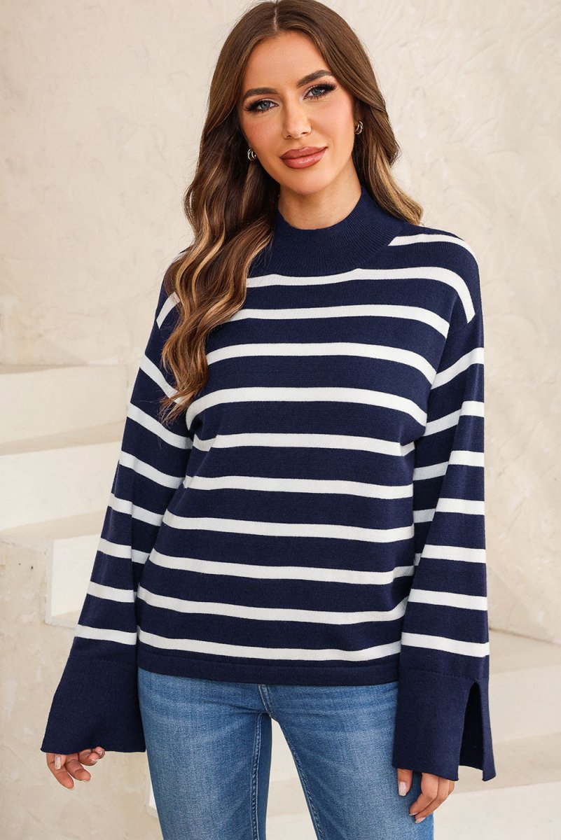Striped Slit Drop Shoulder Sweater - CELIVINE