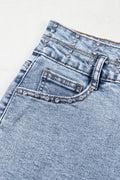 Rhinestone Light Wash Raw Hem High Waist Denim Shorts - CELIVINE