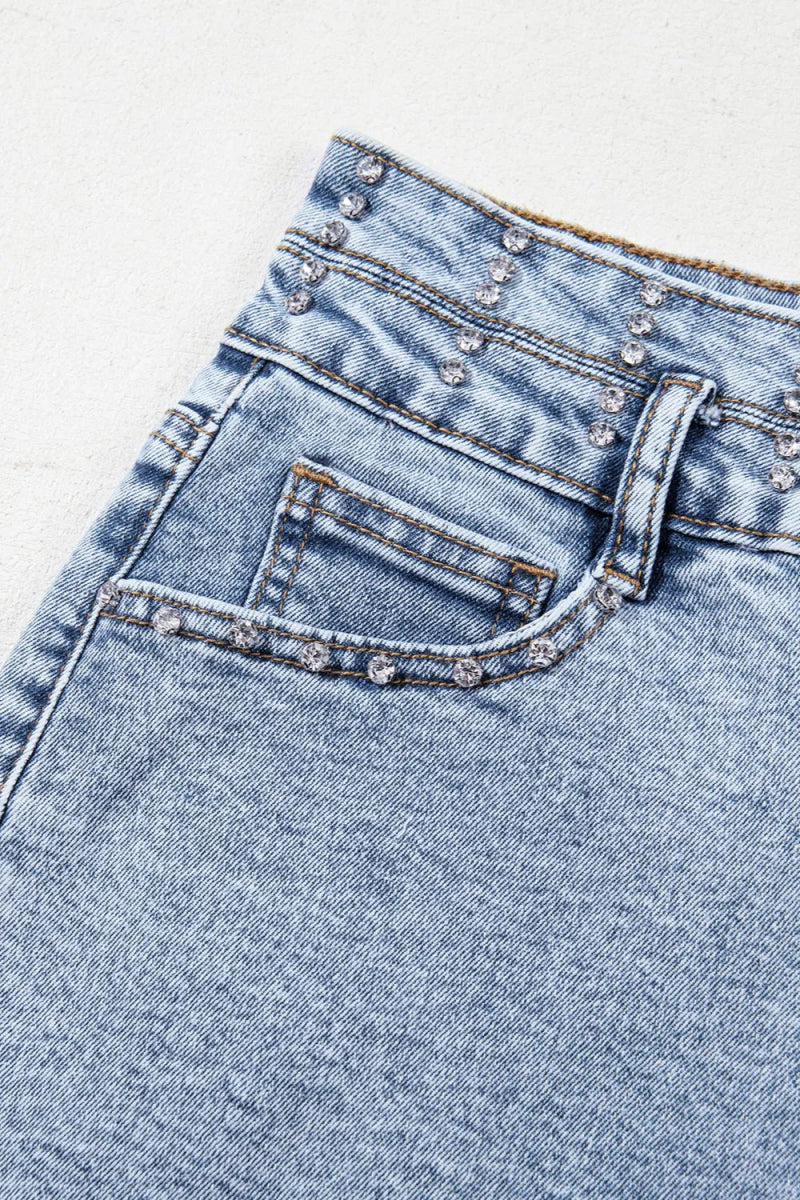 Rhinestone Light Wash Raw Hem High Waist Denim Shorts - CELIVINE