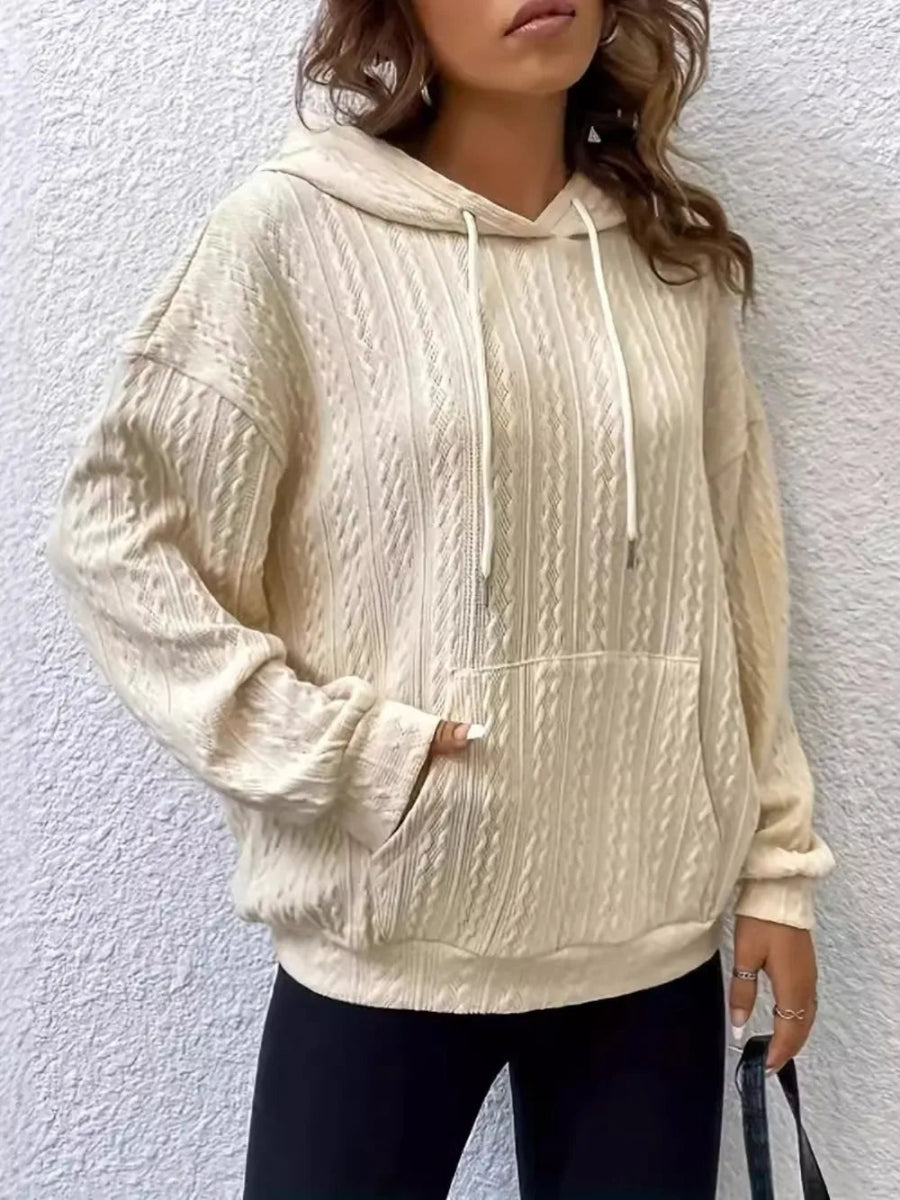 Drawstring Texture Long Sleeve Hoodie - CELIVINE