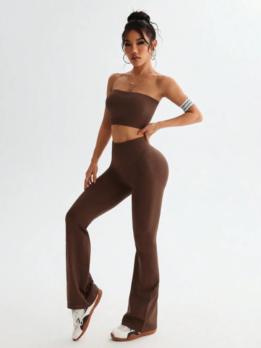 Tube Top and High Waist Flare Pants Active Set - CELIVINE