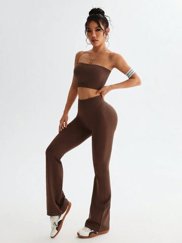 Tube Top and High Waist Flare Pants Active Set - CELIVINE