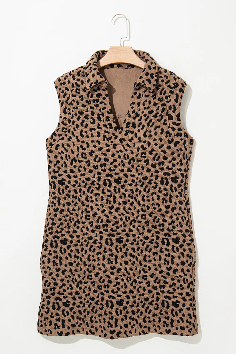 Leopard Johnny Collar Sleeveless Mini Dress - CELIVINE