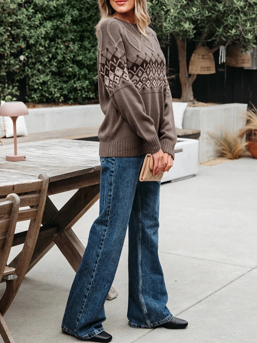 Geometric Round Neck Long Sleeve Sweater - CELIVINE