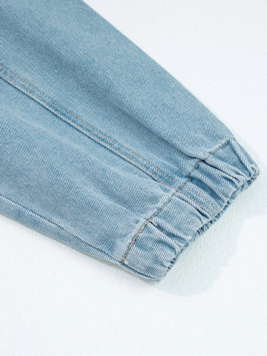 Elastic Edge Collared Zip Up Denim Jacket With Pocket - CELIVINE