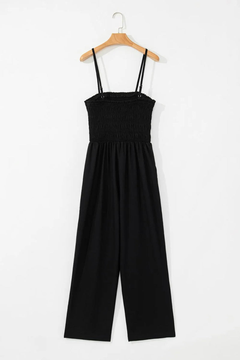 Smocked Spaghetti Straps Wide Leg Jumpsuit - CELIVINE