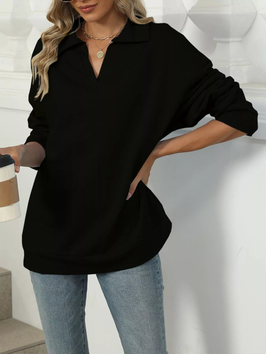 Johnny Collar Drop Shoulder Long Sleeve Sweatshirt - CELIVINE