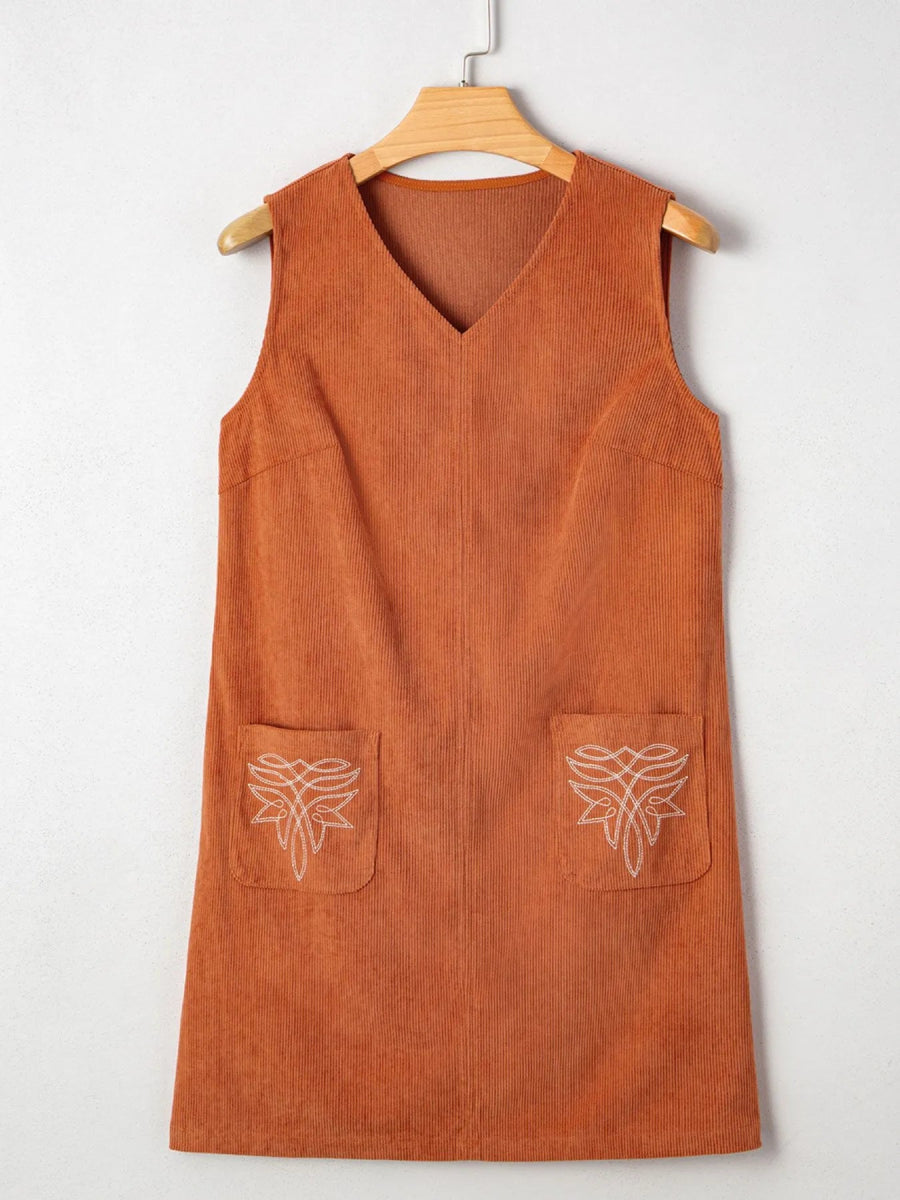 Corduroy Western Embroidered Patched Pocket Shift Sleeveless Mini Dress - CELIVINE