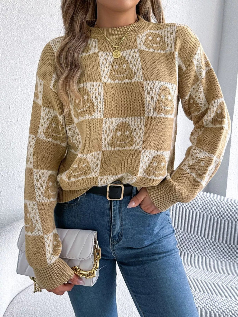 Halloween Ghost Pattern Checkered Round Neck Sweater - CELIVINE