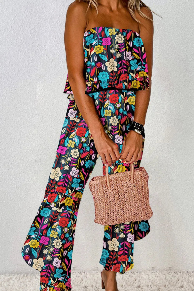 Printed Tube Wide Leg Jumpsuit - CELIVINE