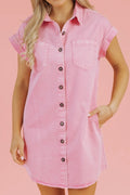 Button Down Short Sleeve Denim Dress - CELIVINE