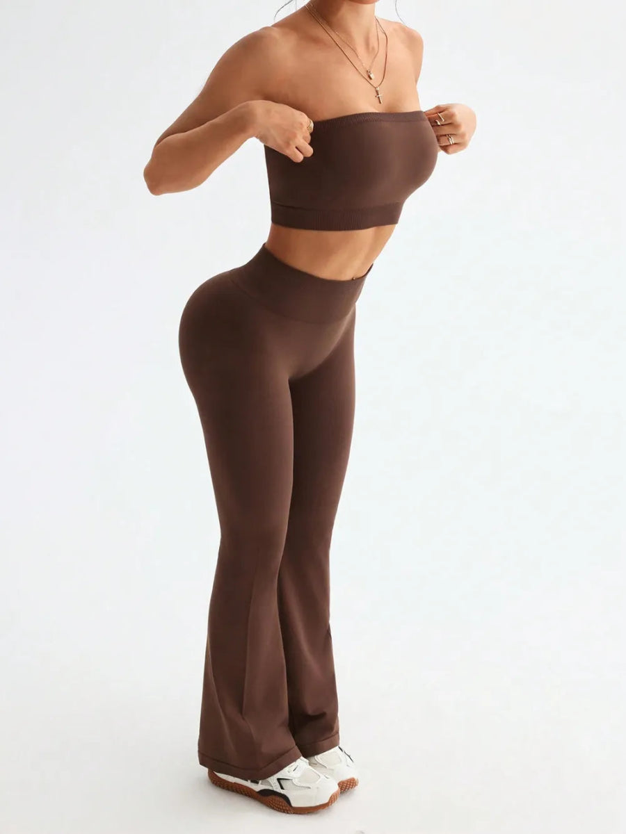 Tube Top and High Waist Flare Pants Active Set - CELIVINE