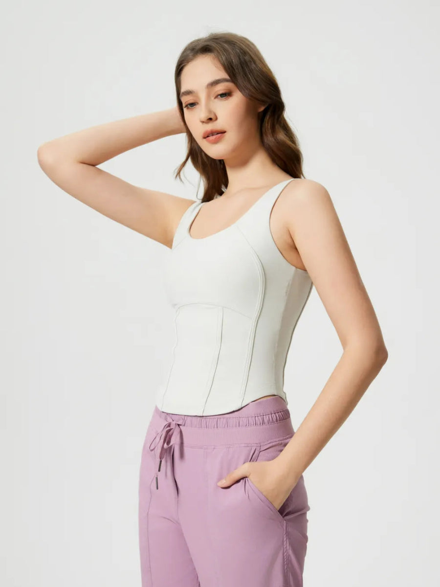 Round Neck Wide Strap Active Tank with Detachable Chest Pads - CELIVINE
