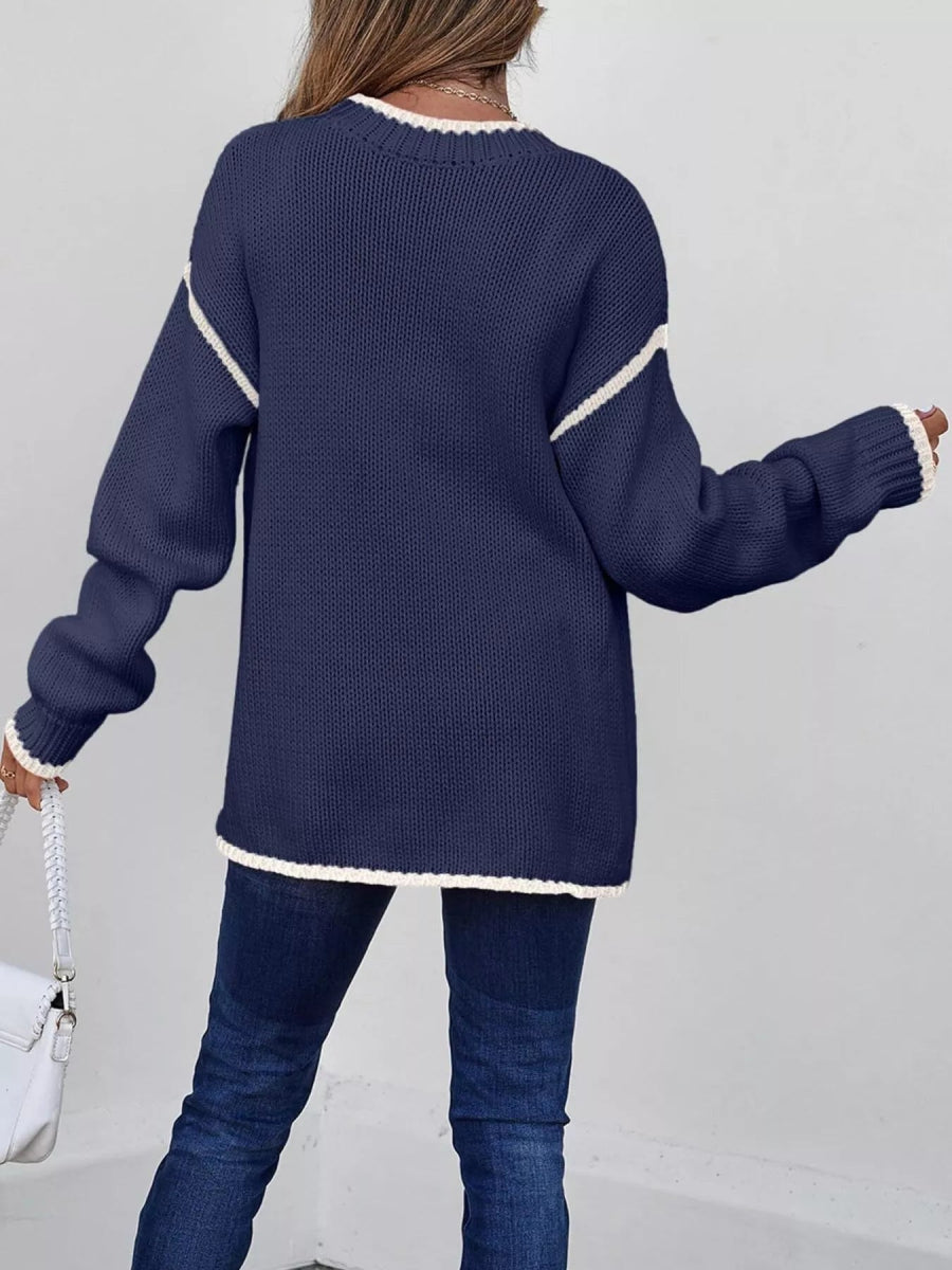 Contrast Trim Long Sleeve Sweater - CELIVINE