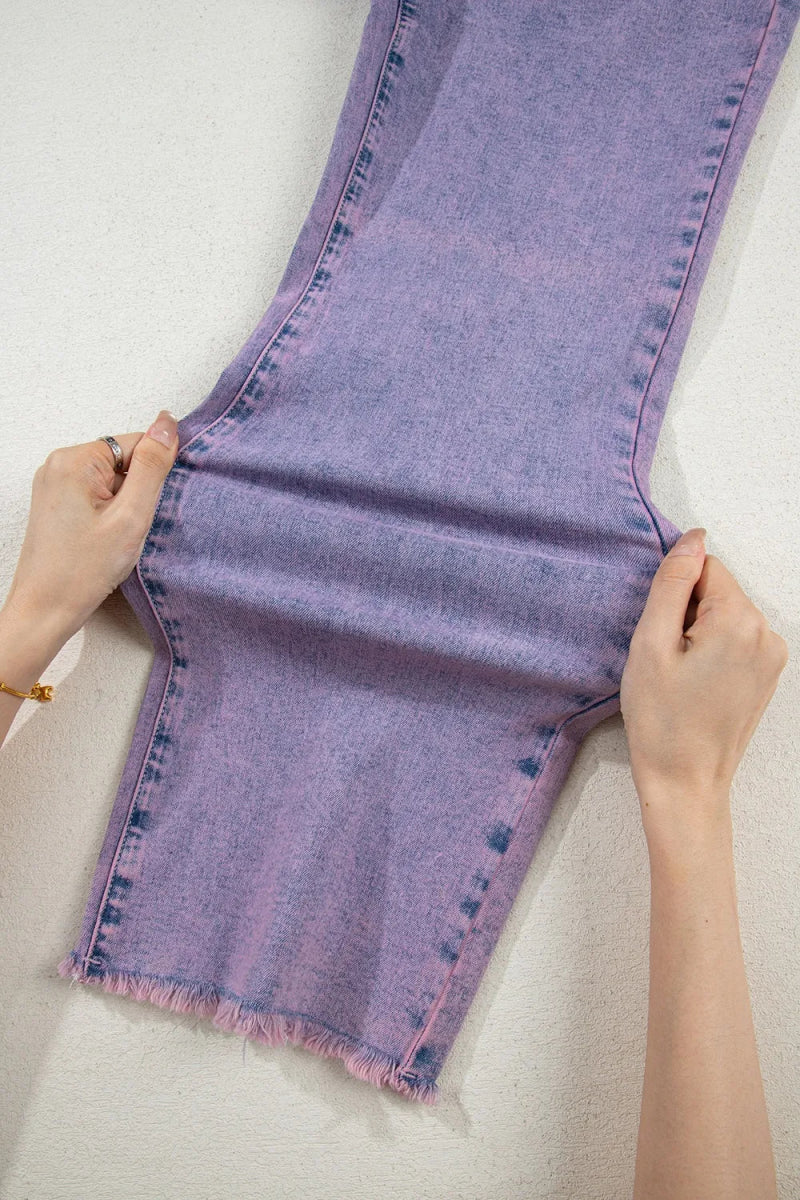 Washed Raw Hem Cropped Jeans - CELIVINE