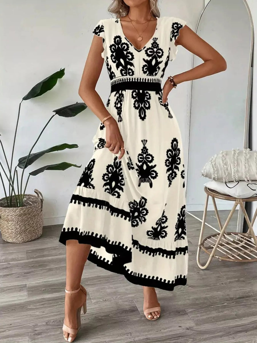 Printed V - Neck Ruffled Cap Sleeve Dress - CELIVINE