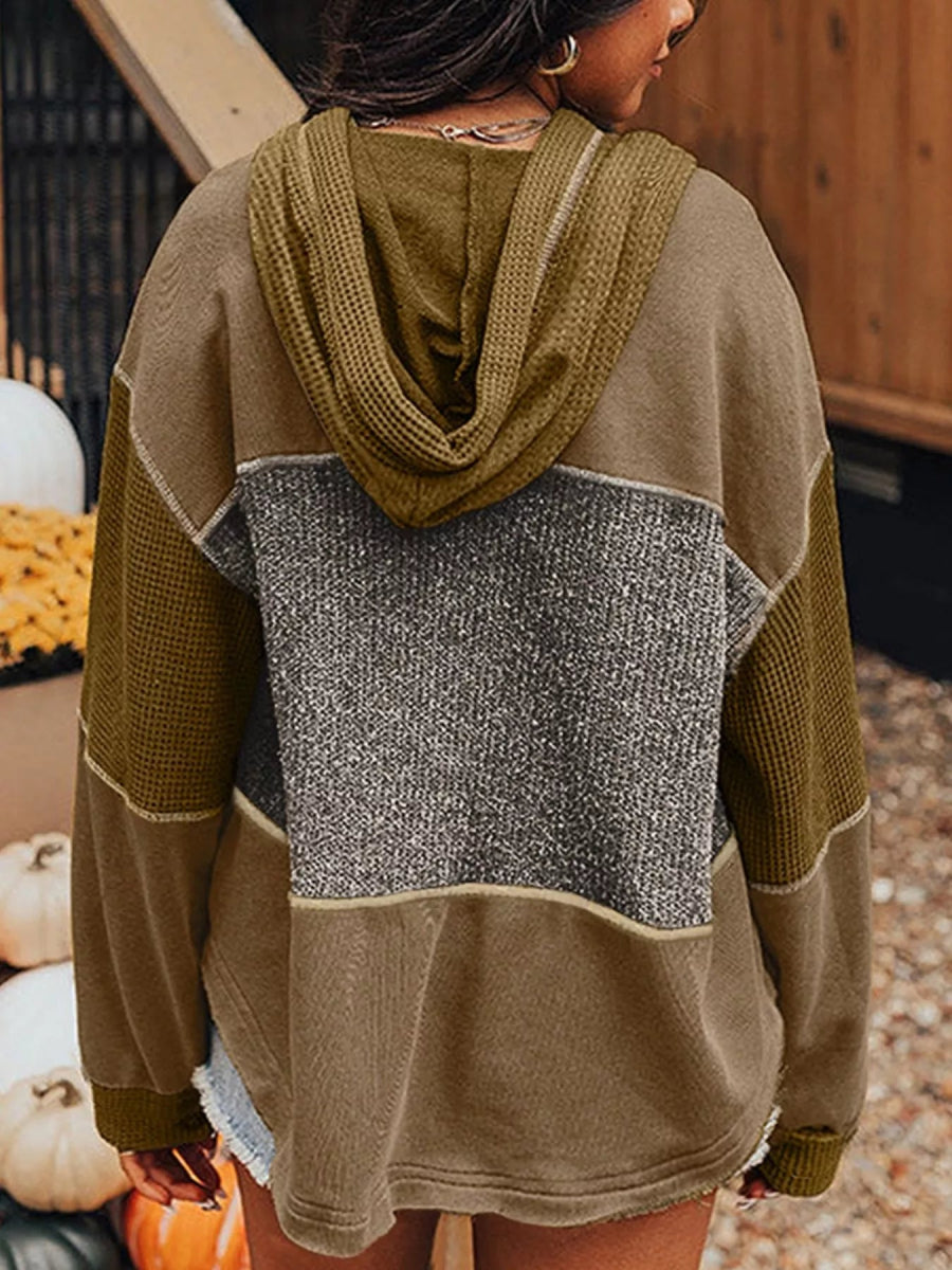Mixed Texture Patchwork Exposed Seam Half Button Hoodie - CELIVINE