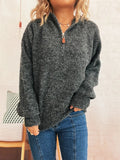 Quarter Zip Ribbed Hem Sweater - CELIVINE