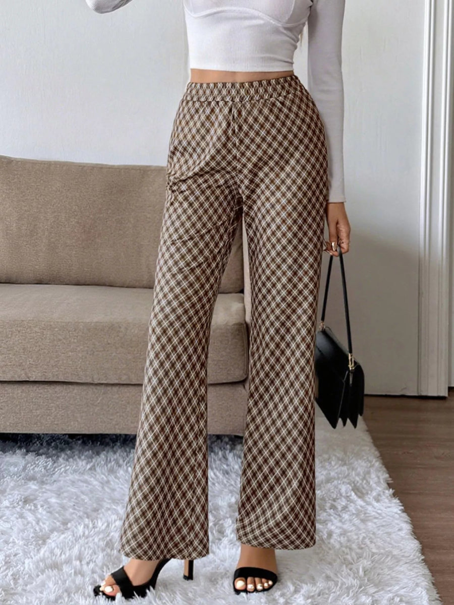 Plaid High - Waisted Wide Leg Pants - CELIVINE