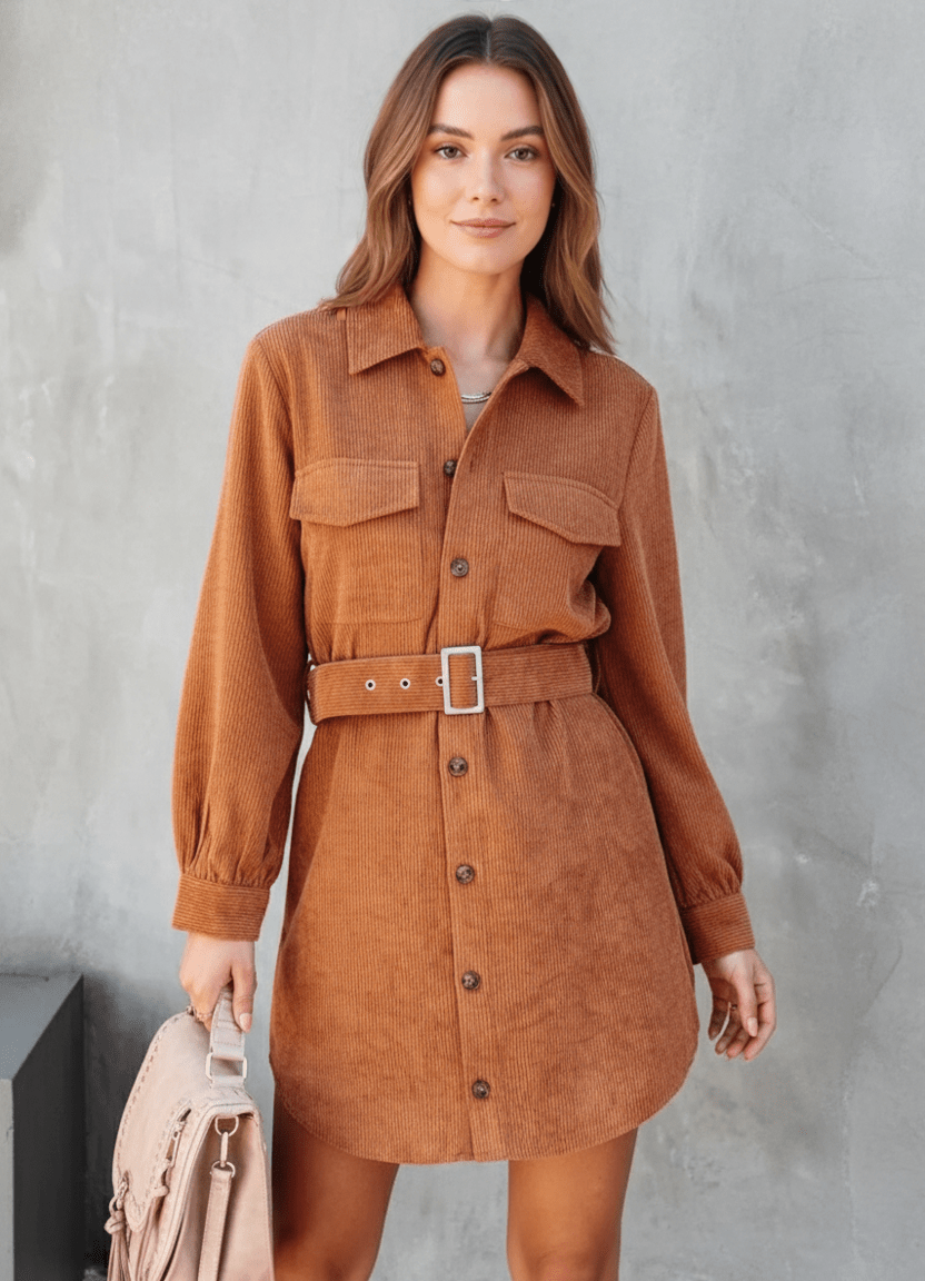 Button Front Belt Long Sleeve Corduroy Dress - CELIVINE