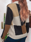 Multicolour Color Block Cable Knit Sleeve Buttons Collared Sweater - CELIVINE