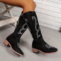 Embroidered Round Toe Block Heels Boots - CELIVINE