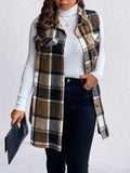 Honey Plus Size Pocketed Plaid Button Up Vest Coat - CELIVINE