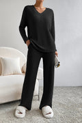 Ribbed V - Neck Top and Pants Lounge Set - CELIVINE
