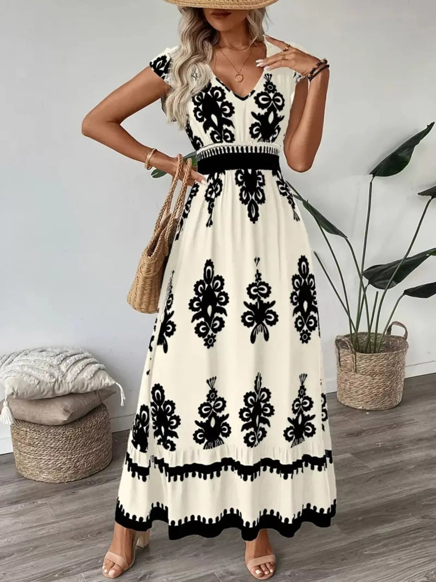 Printed V - Neck Ruffled Cap Sleeve Dress - CELIVINE