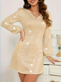 Sequin V - Neck Long Sleeve Dress - CELIVINE