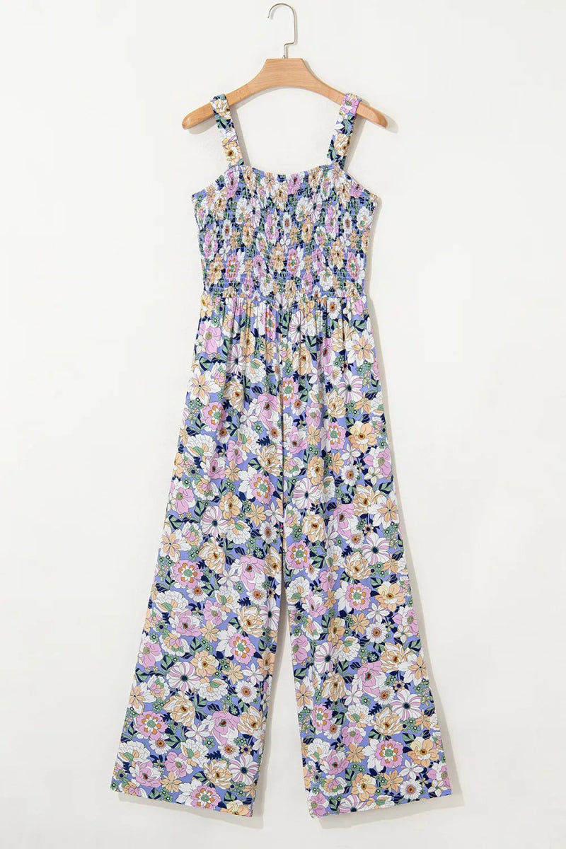 Floral Print Smocked High Waist Square Neck Jumpsuit - CELIVINE