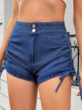 Ruched Side Drawstring Denim Shorts - CELIVINE
