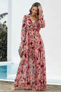 Floral Frill Trim Flounce Sleeve Plunge Maxi Dress - CELIVINE