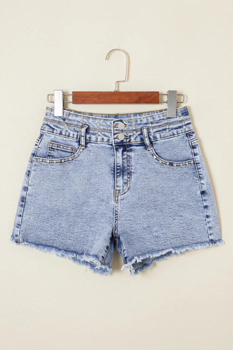 Rhinestone Light Wash Raw Hem High Waist Denim Shorts - CELIVINE