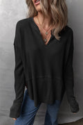 Waffle - Knit Exposed Seam Notched Long Sleeve Top - CELIVINE