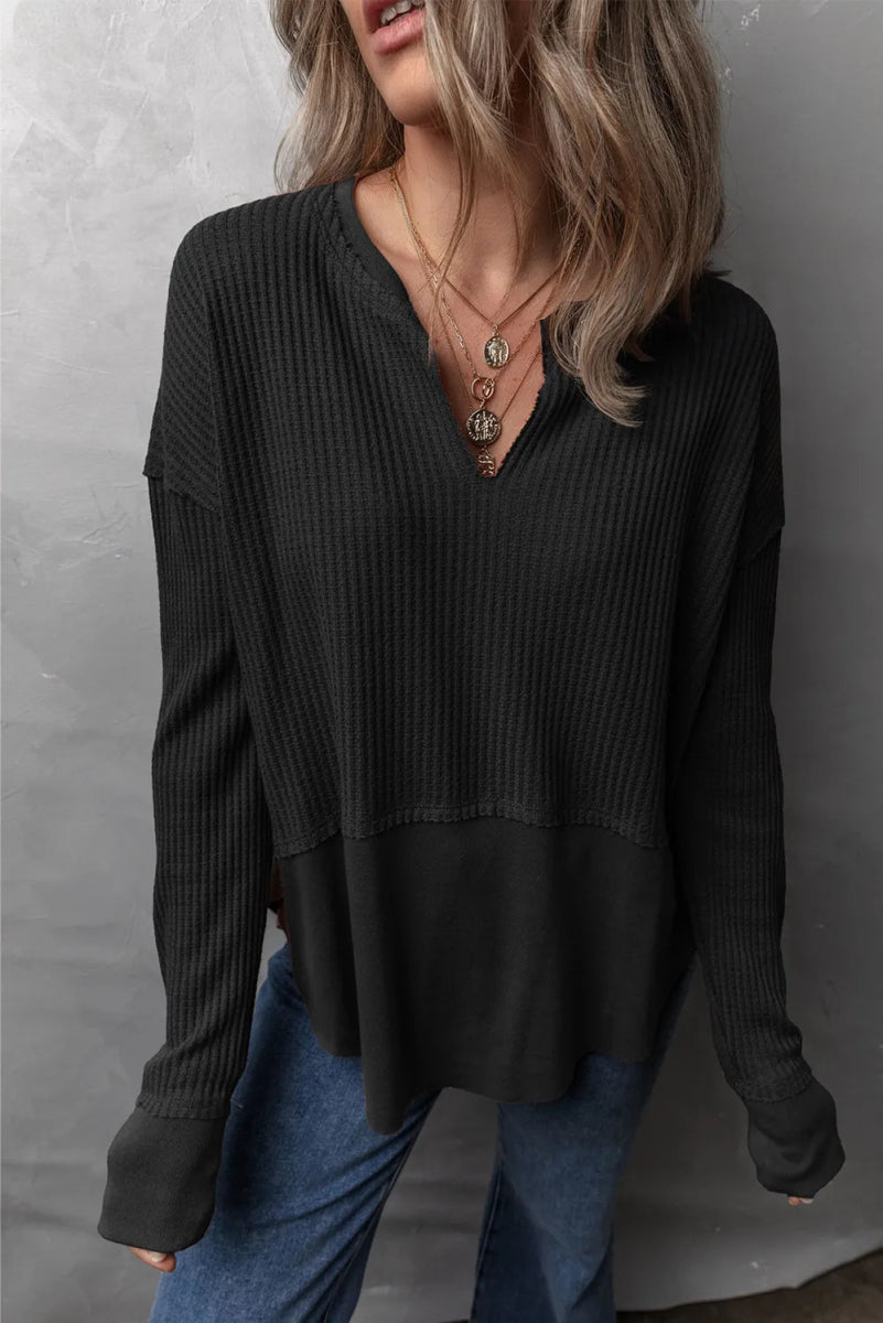 Waffle - Knit Exposed Seam Notched Long Sleeve Top - CELIVINE