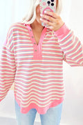Striped Johnny Collar Long Sleeve Sweatshirt - CELIVINE