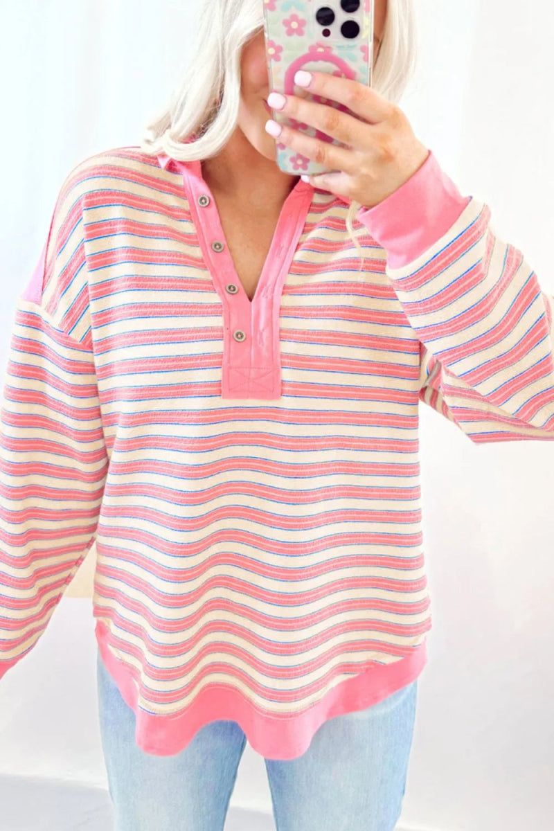 Striped Johnny Collar Long Sleeve Sweatshirt - CELIVINE