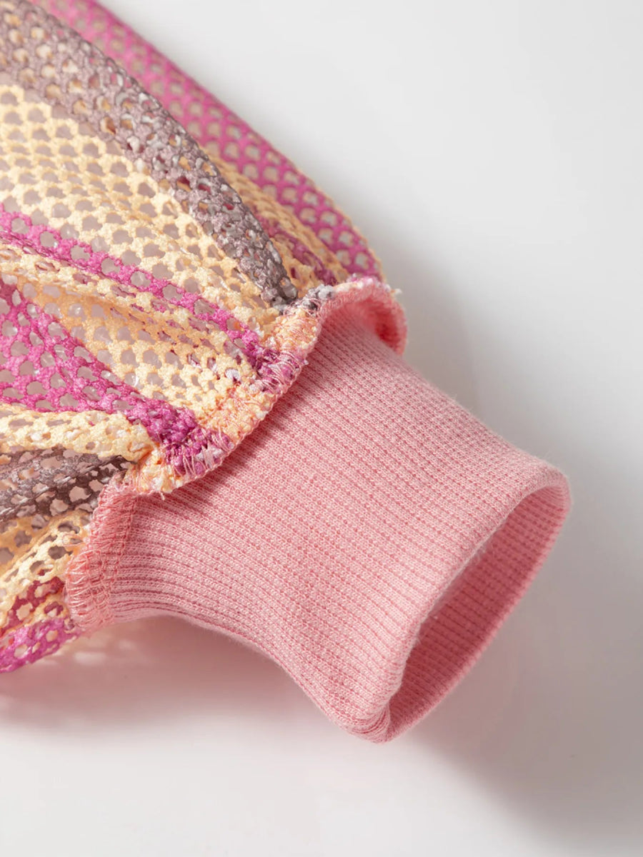 Striped Mesh Sleeve Patchwork Exposed Seam Top - CELIVINE