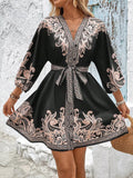Printed Balloon Sleeve Mini Dress - CELIVINE